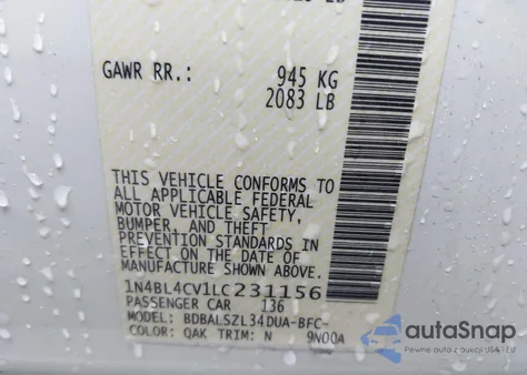 2020 Nissan Altima Sr Fwd z USA, uszkodzony, nr VIN 1N4BL4CV1LC231156